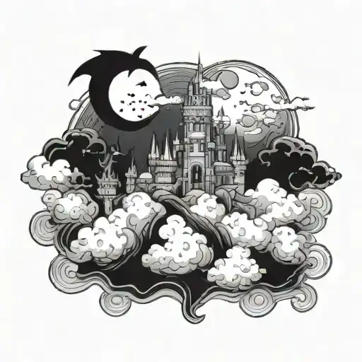 dark Castle on clouds with a Moon bats and a Dragon  tattoo design idea