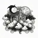 dark Castle on clouds with a Moon bats and a Dragon  tattoo design idea