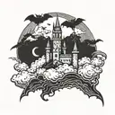 dark Castle on clouds with a Moon bats and a Dragon  tattoo design idea