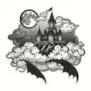 dark Castle on clouds with a Moon bats and a Dragon  tattoo design idea