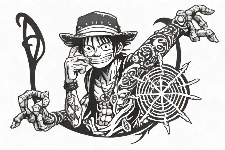 Tattoo of Monkey D Luffy with his Awakened Fruit and Trafalgar Law tattoo design idea