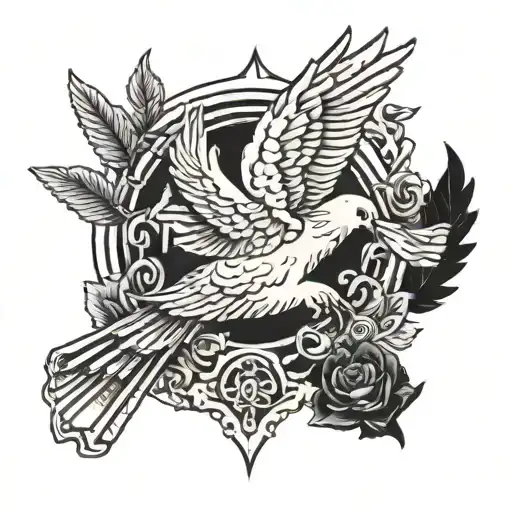 Create a rap-inspired design featuring a military theme with a dove and a lamb symbolizing peace and sacrifice tattoo design idea