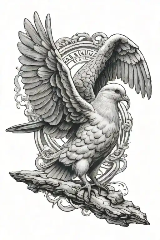 Create a rap-inspired design featuring a military theme with a dove and a lamb symbolizing peace and sacrifice tattoo design idea