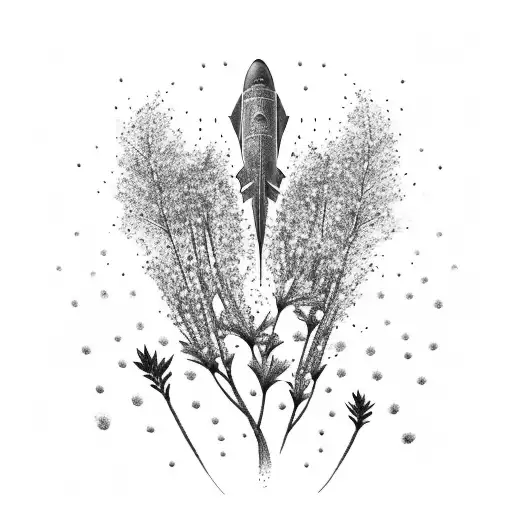 A silhouette of a fighter jet flying over a field of blooming wildflowers tattoo design idea
