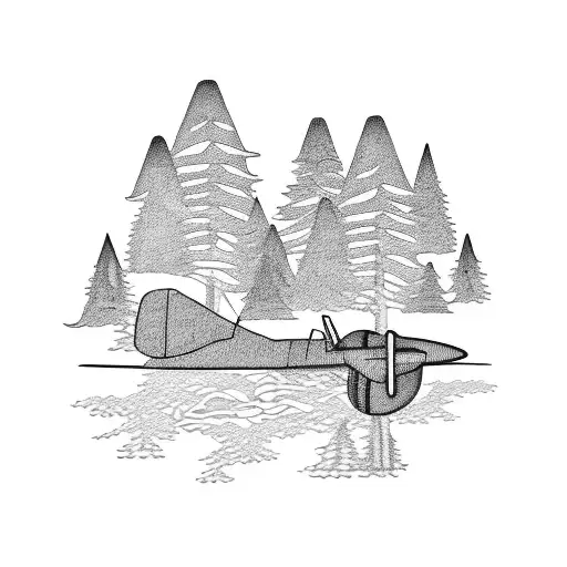 An intricate design of a plane propeller intertwined with mountain trees tattoo design idea