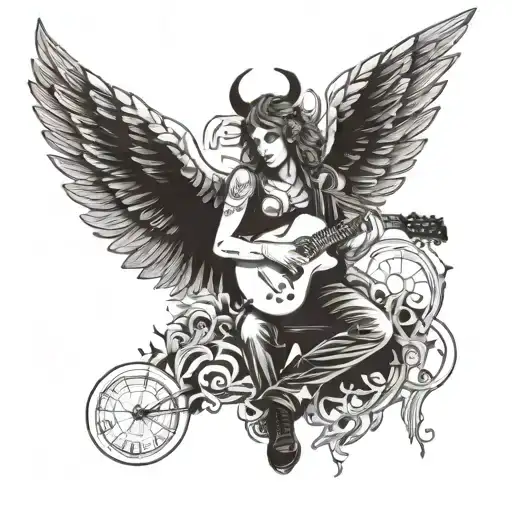 A fallen angel Lucifer playing a guitar surrounded by musical notes and symbols tattoo design idea