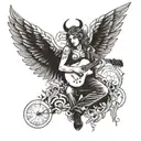 A fallen angel Lucifer playing a guitar surrounded by musical notes and symbols tattoo design idea