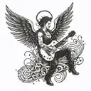 A fallen angel Lucifer playing a guitar surrounded by musical notes and symbols tattoo design idea