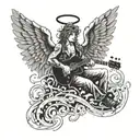 A fallen angel Lucifer playing a guitar surrounded by musical notes and symbols tattoo design idea