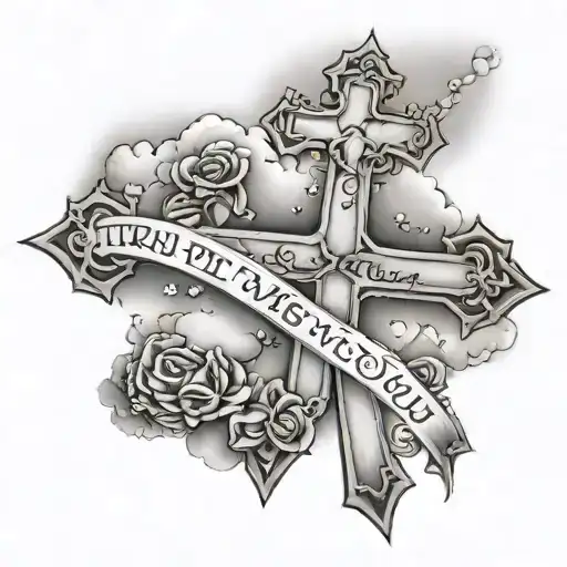 forearm tattoo, cross with realistic clouds, rosaries around the cross, focusing on the text; I trust in you. tattoo design idea