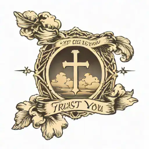 forearm tattoo, cross with realistic clouds, rosaries around the cross, focusing on the text; I trust in you. tattoo design idea