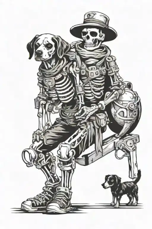 fully body human skeleton adventurer with dog companion  tattoo design idea