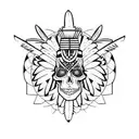 apache skull with feathered headress inside an eagle feather apache sacred circle red and black trash polka style tattoo design idea
