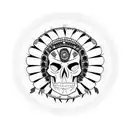apache skull with feathered headress inside an eagle feather apache sacred circle red and black trash polka style tattoo design idea