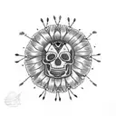 apache skull with feathered headress inside an eagle feather apache sacred circle red and black trash polka style tattoo design idea