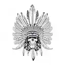 eagle feather with skull wearing a chief headress facing east inside of eagle feather red and black trash polka tattoo design idea