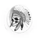 eagle feather with skull wearing a chief headress facing east inside of eagle feather red and black trash polka tattoo design idea