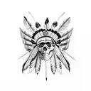 eagle feather with skull wearing a chief headress facing east inside of eagle feather red and black trash polka tattoo design idea