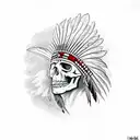 eagle feather with skull wearing a chief headress facing east inside of eagle feather red and black trash polka tattoo design idea