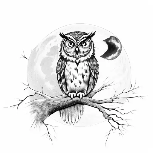 A wise and mysterious owl perched on a branch, with the moon and stars shining brightly in the background tattoo design idea