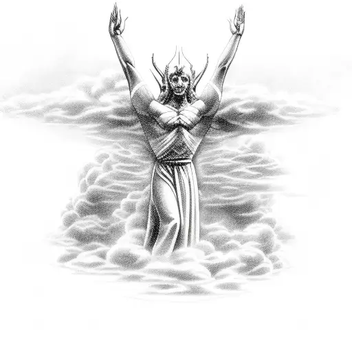 A captivating depiction of a god-like figure emerging from the clouds, holding a city skyline in their hands, symbolizing the power of sales and success tattoo design idea