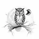 A wise and mysterious owl perched on a branch, with the moon and stars shining brightly in the background tattoo design idea