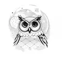A wise and mysterious owl perched on a branch, with the moon and stars shining brightly in the background tattoo design idea