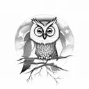 A wise and mysterious owl perched on a branch, with the moon and stars shining brightly in the background tattoo design idea