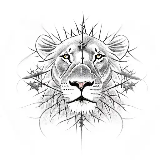 A lion with a crown of thorns surrounded by a wreath tattoo design idea