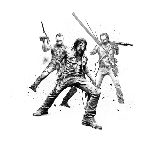 zombie apocalypse scene featuring Daryl Dixon and Rick Grimes fighting off walkers tattoo design idea