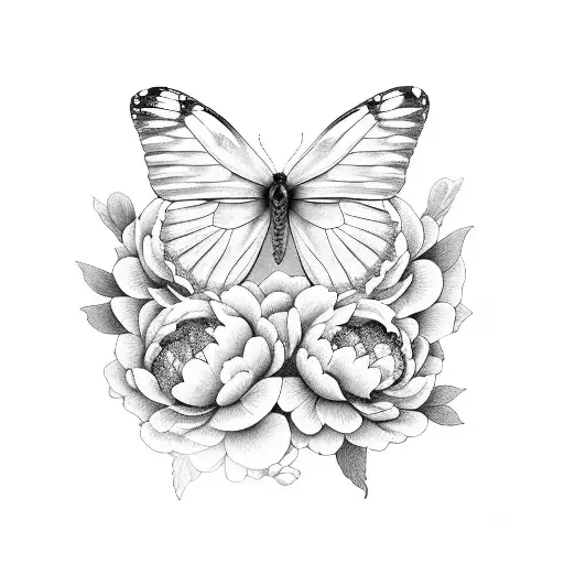 butterfly with peonies tattoo design idea