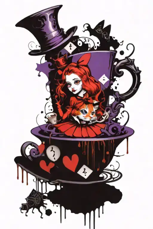 Alice in wonderland tea party characters purple and black tattoo design idea