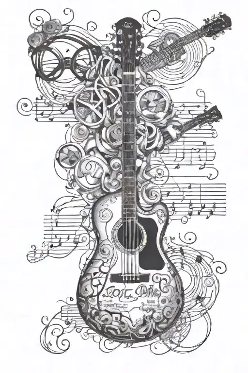 guitar with circular glasses and the Beatles song lyrics floating through and around the guitar tattoo design idea