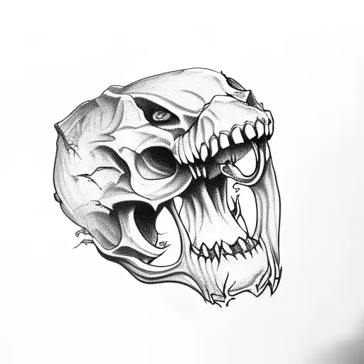 side view of sabertooth skull with crosshairs on eye tattoo design idea