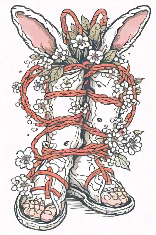 bunny's feet with red string and cherry blossoms wrapped tattoo design idea