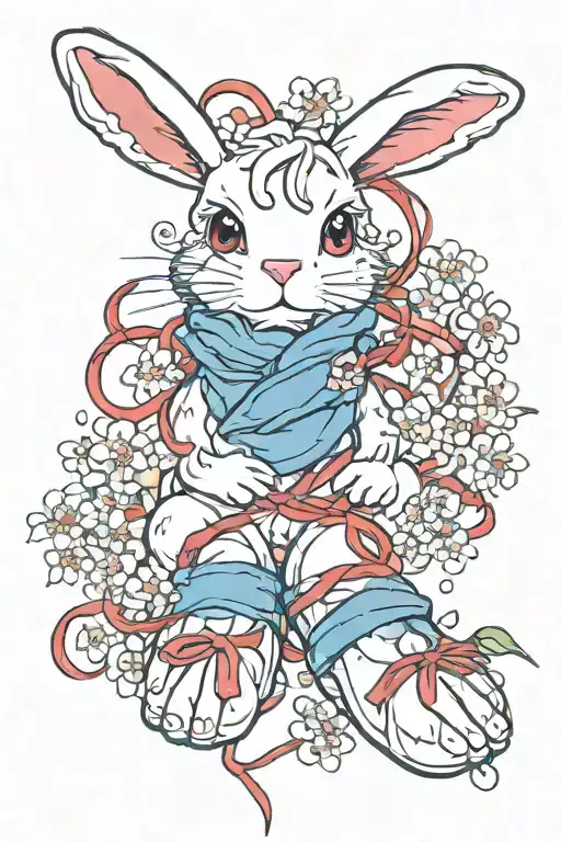 bunny feet with red string and cherry blossoms wrapped tattoo design idea