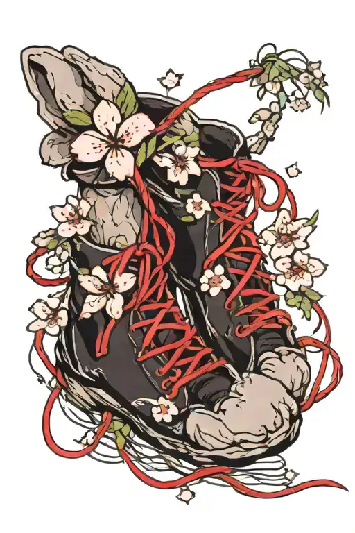 bunny feet with red string and cherry blossoms blooming tattoo design idea