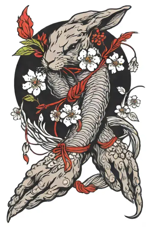 rabbit feet with red string and cherry blossoms tattoo design idea
