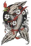 rabbit feet with red string and cherry blossoms tattoo design idea