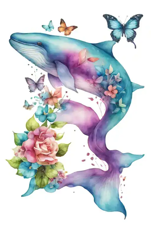 purple whale with butterflies and smeraldo flowers tattoo design idea