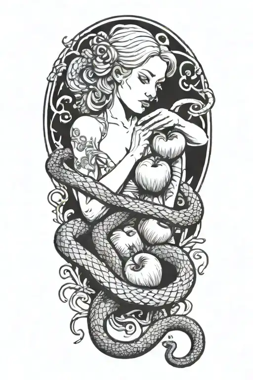 eve eating the apple and snake coiled tattoo design idea