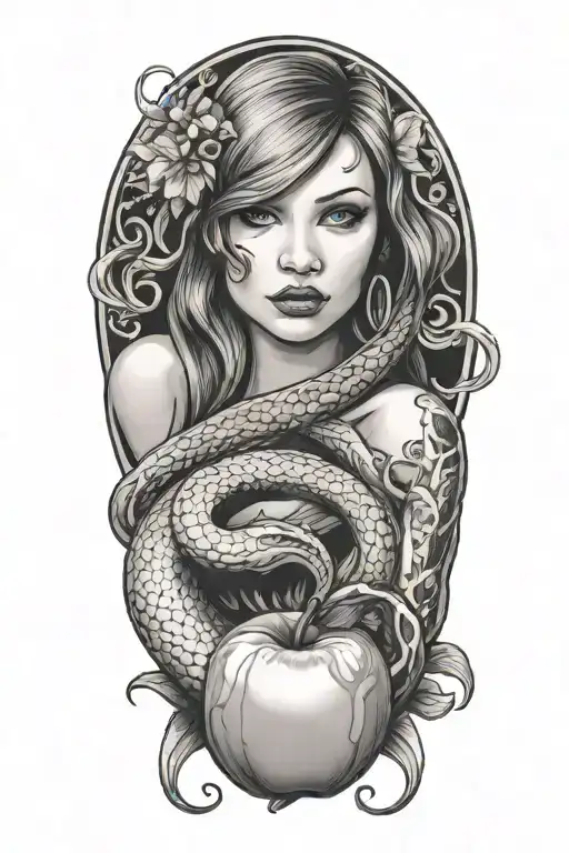 Eve and Lilith eating an apple with snake  tattoo design idea