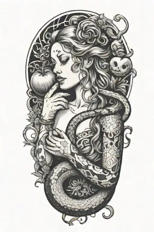 eve eating the apple  and snake tattoo design idea