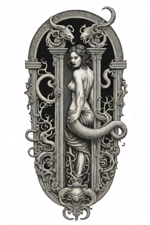 Smith College gate and Lilith communing with snakes tattoo design idea