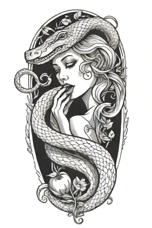 Eve biting an apple snake surrounding  tattoo design idea