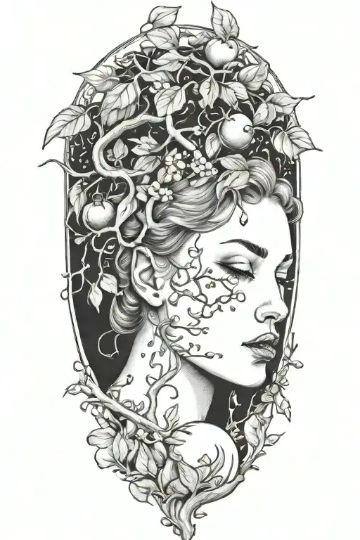Eve biting an apple tree branch surrounded tattoo design idea