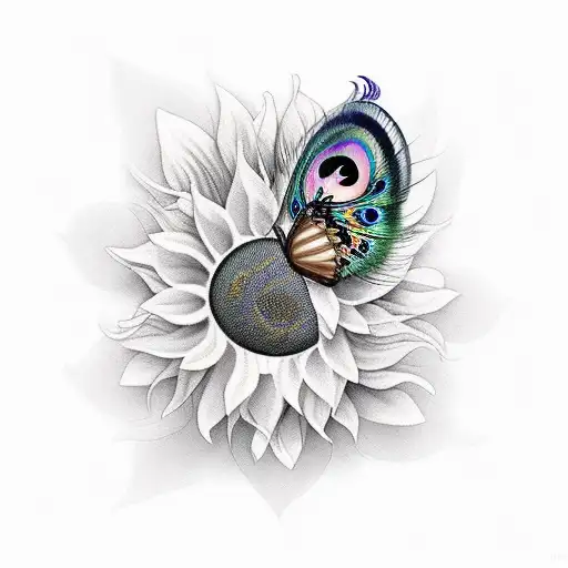 sunflowers with peacock feather and butterfly tattoo design idea