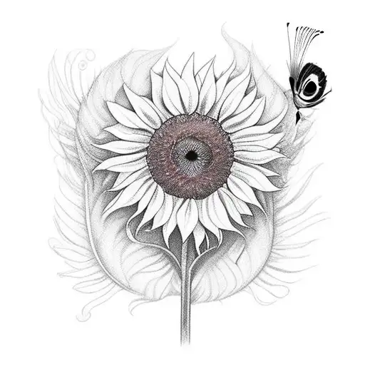 sunflower with peacock feather and butterfly tattoo design idea