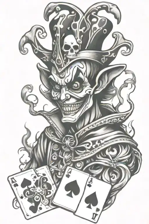 evil jester portait with playing cards and fire tattoo design idea