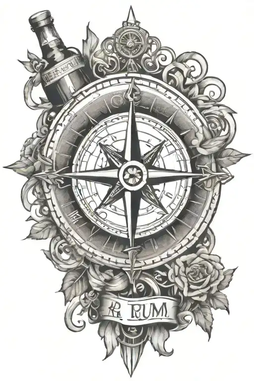 An intricate compass rose design incorporating elements of rum bottles and distillery equipment tattoo design idea